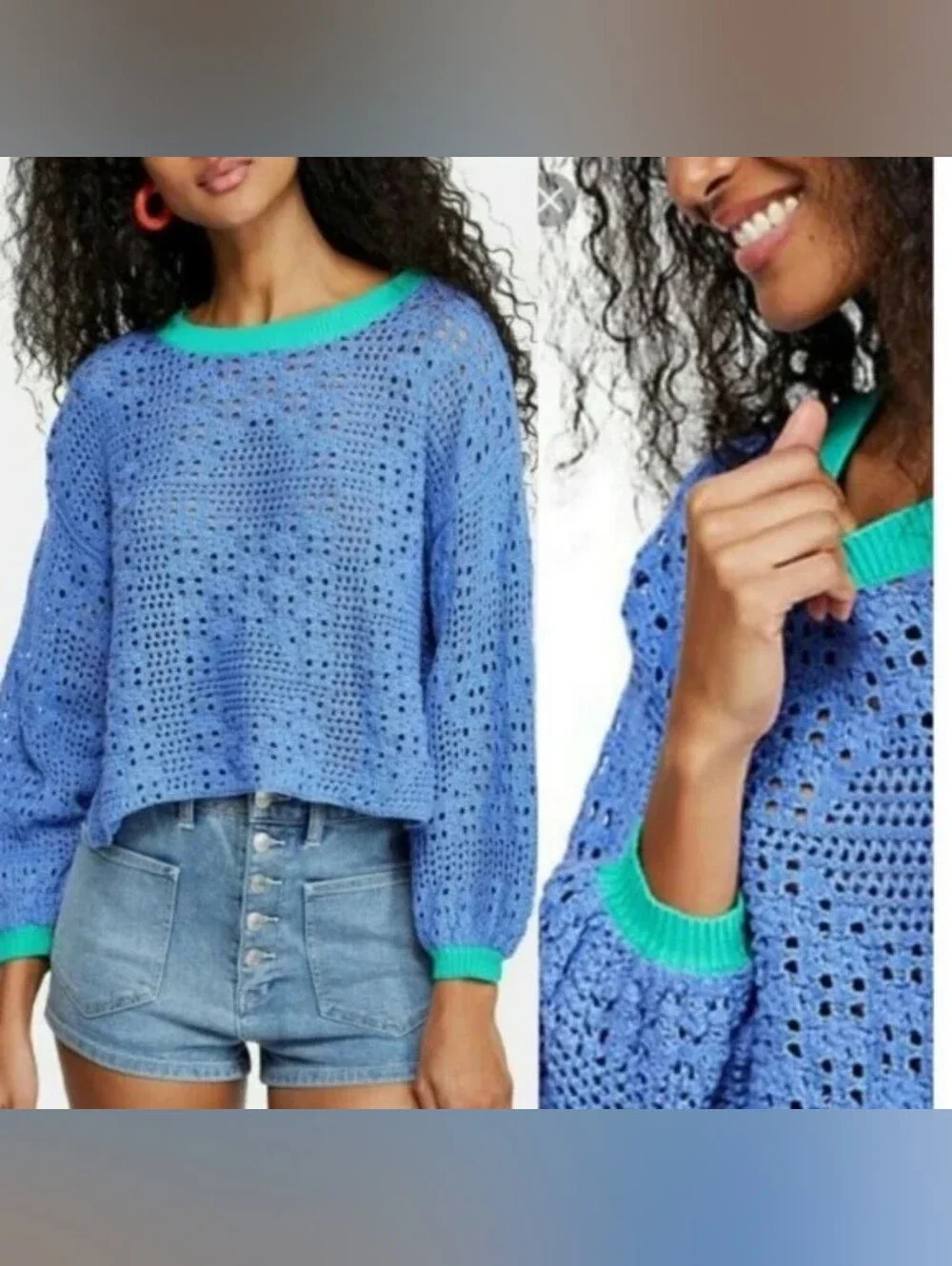 Free People Lavender Crochet Crop Sweater with Mint Trim